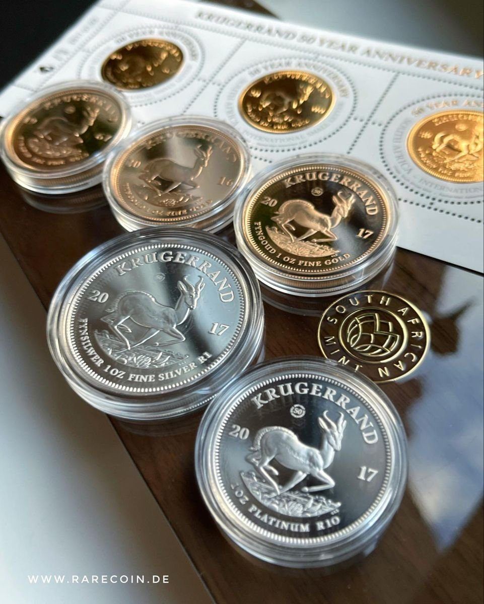 Krugerrand silver, gold, and platinum coins in protective cases